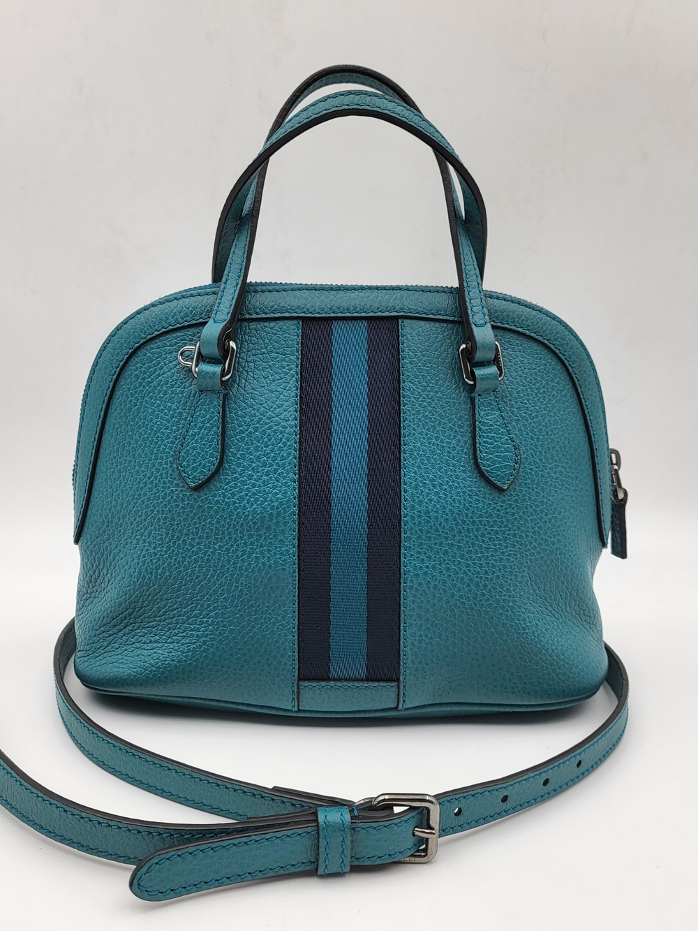 Gucci Calfskin Web Teal Dome Small Satchel Crossbody, Auth w/COA.